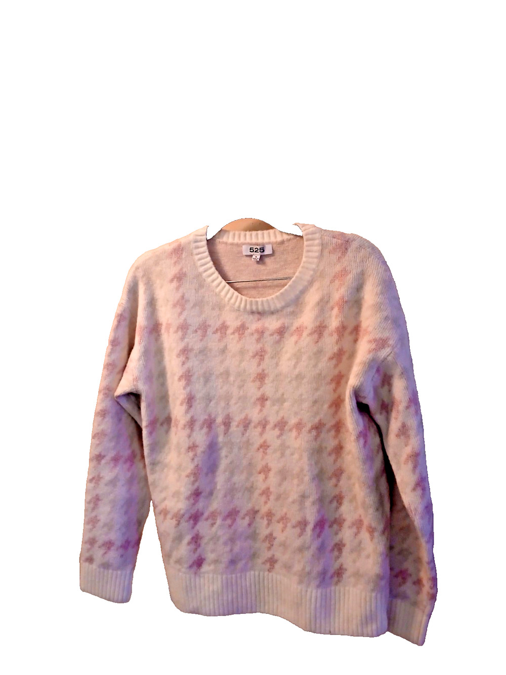 525 America Fair Isle Houndstooth Pink White Crew Neck Pullover Sweater Size Sm
